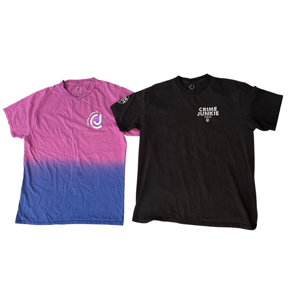 Crime Junkie Podcast T-Shirt Bundle Ombre Pink Blue and Black Graphic Tees L